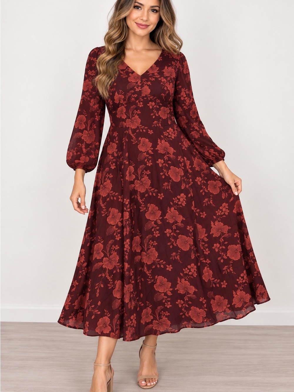 Ava & Viv Burgundy Floral V-Neck Maxi Dress